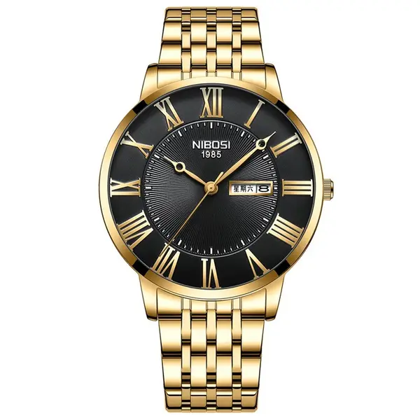  Nibosi 2527 Classic Stainless Steel Analog Fashion Men's Watch – Dial Color: Black Gold, Strap Color: Gold – View 1